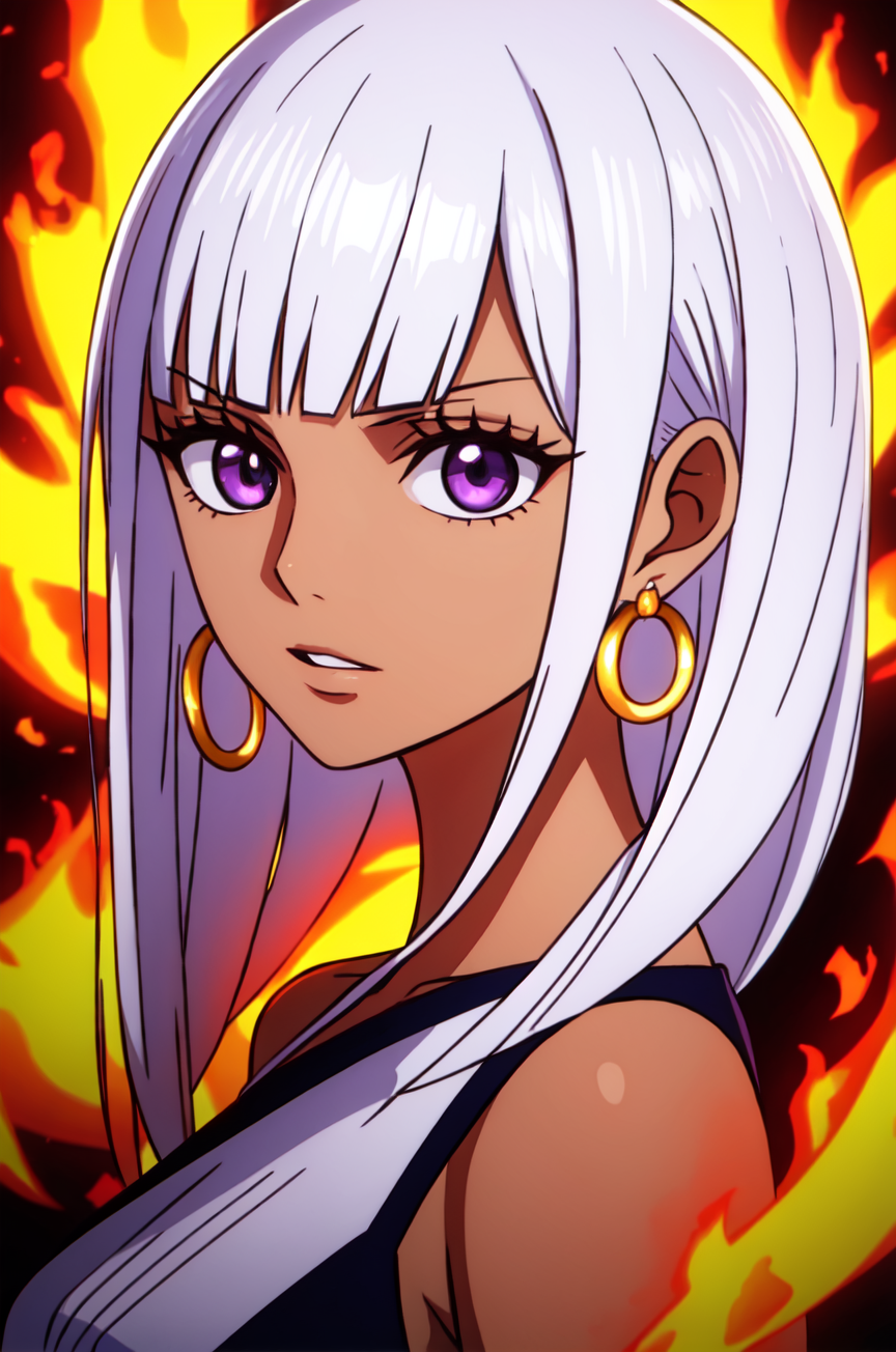 1girl, wanostyle, white hair, hime cut, bangs, fire, a girl with white hair and blue eyes wearing a white dress and black ...